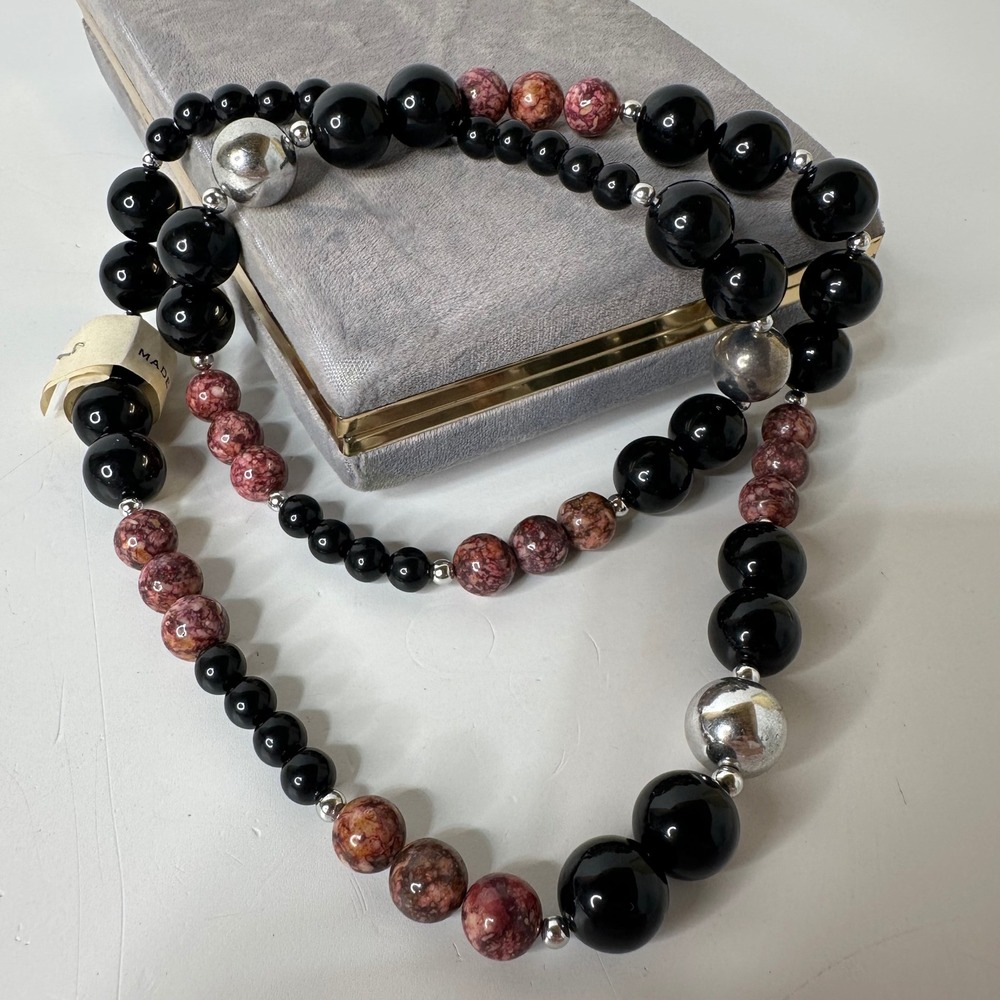 Vintage‎ 80s Long Statement Necklace Asymmetric Acrylic & Stone Beads Taiwan ROC